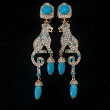Vintage Gold Leopard Clip On Earrings Turquoise Drop Statement Long Dangle picture
