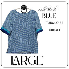 Chico's boat neck blouse WOMENS LARGE blue geometric zip back closure top picture