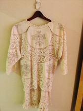 VTG 80s Lim’s Shanghai Crochet Lace 2pc Set Blouse Skirt Cream Cottage Large picture