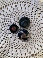 Antique Victorian Black Glass Buttons Lot of 3 Silver Luster Amethyst Foil Shank picture