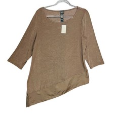 Chicos Travelers Top Sz 1 Lg Fabric Mix Sierra Asymmetric Taupe 3/4 NWT Renwick picture