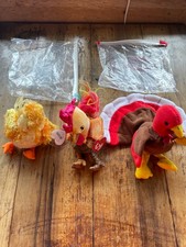 Ty Beanie Babies Lot of 3 Birds Gobbles Turkey Plucky Rooster Cheeks Chick Tags picture
