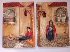 Rare Vintage Chalkware Wall Plaques Southwest Mexican Signed Titled R. Dell Osso picture