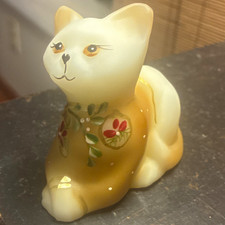 Fenton Handmade satin  Cat Hand Painted Floral Sitting Kitten signed S. waters picture