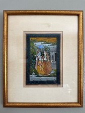Antique Indian Miniature Silk Painting Radha Krishna Circa. 1950s picture