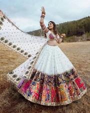 Women’s Multicolor Muslin Silk Lehenga Choli Set Navratri Mirror Work picture