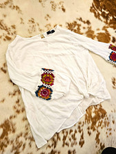 B'LEEV Boho White Front Knot Blouse Granny Square Crochet Bell Sleeve Top Size M picture