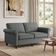 Linen Loveseat Sofa 2 Seater Couch Nailhead Trim Solid Wood Frame picture