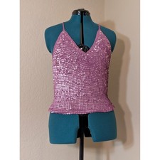 VTG Forever Twenty One Pink Sequin Crochet Back Camisole V-Neck Party Top Size M picture