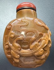 Vintage Chinese Carved Agate Snuff Bottle Dragon Motif Red Agate Stopper picture