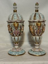 Vintage Pair Capodimonte Lidded Urns Vases Cherub & Lion Relief Signed Mint picture