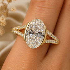 3.70 CT Oval-Cut VS Lab Grown Diamond Half Bezel Wedding Ring 14K Yellow Gold picture