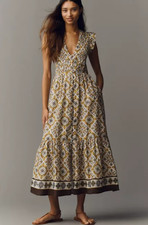 Anthropologie Women's Ivory/Ochre-Yellow Multi The Peregrine Midi Dress $168 L picture