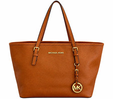 Michael Kors Jet Set Tote Bag Luggage Brown Saffiano Leather Gold MK Charm picture