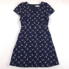Loft Petites Navy Blue Botanical Leaf Print V-Neck A-Line Pocket Dress 6P picture