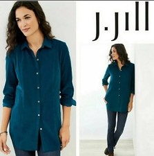 J. Jill Women M Princess Stitch Corduroy Tunic Button Up Teal Fall Classy Preppy picture