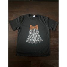 NWOT Halloween Tee Women's Large  Floral Ghost with Orange Bow picture