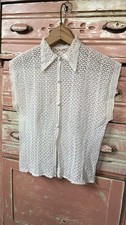 Vintage Antique Art Deco 30s 40s Crochet Cotton Lace Feminine White Blouse Top S picture