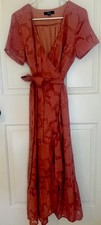 Lulus Blissfully Rusty Rose Jacquard Short Sleeve Wrap Midi Dress L ruffle hem picture