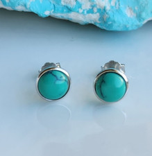 925 Sterling Silver Navajo Natural Blue 6.8-7mm Turquoise Bezel Stud Earrings picture