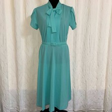 Vintage 70s Matthew Love Union Bow Midi Dress Turquoise Pleated Belted Petite 10 picture