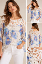 NWT Anthropologie Vanessa Virginia Florafall Silk Peasant Top Size 2 Blue Floral picture