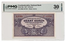 CZECHOSLOVAKIA banknote 10 Korun 1927 series P PMG VF 30 Very Fine RARE picture