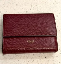 Vintage CELINE Paris Small Trifold Leather Wallet Burgundy & Gold picture