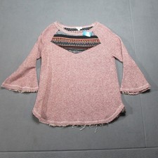 Oddi Top Womens Large Red Burg Aztec Rib Knit Rayon Bell Sleeve Frayed Hem picture