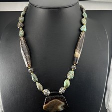 Rare Antique￼ Green Bactrian Beaded Agate & Natural Tibetan Turquoise Necklace picture