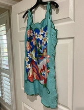 FARM RIO Dress 100% Linen Medium Turquoise Floral Bird Square Neck Dress picture
