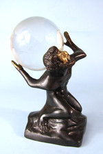 BRONZE ATLAS SCULPTURE FIGURINE HOLDING SOLID GLASS GLOBE ON SHOULDERS picture