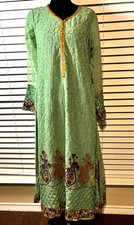 Vintage Pakistani Kameez Womens Medium Heavy Embroidered Green Tunic Top Kurti  picture