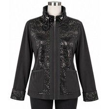 Zenergy by Chicos Black Metallic Leopard Print Full Zip Jacket Size 2 Large picture