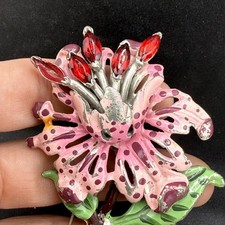 Vintage Estate Pot Metal Brooch Pink Red Floral Enamel Rhinestone  Lily 3.25in picture