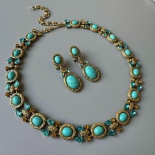 Victorian Turquoise Necklace & Earrings Set Antique Gold European Jewelry picture