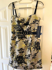 Rachel Roy Silver Black Gold Floral Jacquard Belted Sweetheart Dress Size 4 picture