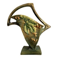 Antique Roseville Art Pottery Bushberry Art Deco Handled Basket Vase 37 1-10 picture