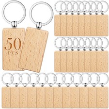 50 Pcs Wooden Keychain Blanks Bulk Laser Engraving Key Chain Unfinished Woode... picture
