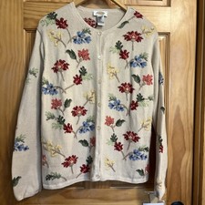 Talbots  Floral Embroidered Cardigan Sweater XL Cottagecore Ramie Cotton picture