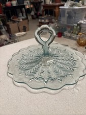 Jeannette Blue Glass Tidbit Sandwich Plate Tray Center Handle Feather Pattern picture