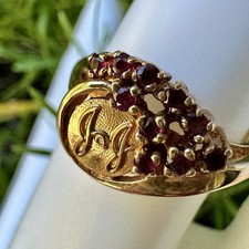 Vintage Jostens Statement Ring Stamped 14k Gold Ruby Cluster Sz 7.5 JJ Logo 3.8g picture