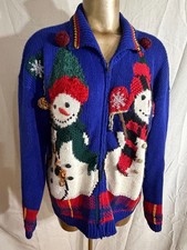 Croft & Barrow Womens L Snowman Christmas Cardigan Zip Hand Knit 3D Blue  0924H picture