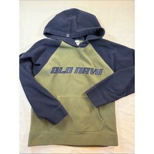 Y2K Vintage Old Navy Fleece Hoodie Colorblock Raglan Olive Navy Spell Out M picture