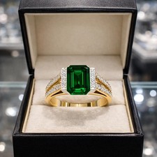 4.80 Ct Emerald Cut Natural Emerald & Diamond Wedding Ring 14K Yellow Gold picture