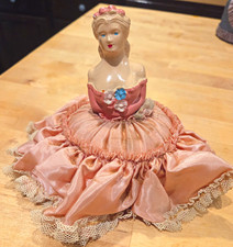 Antique 1920s Porcelain Half Doll Pin Cushion Pink Dress Skirt Satin Lace picture