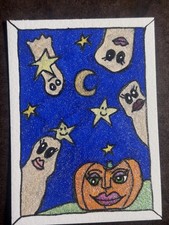 ACEO The Pumpkin And The Ghosts Original  Marker Stacy Hedrick Art 2.5 X 3.5