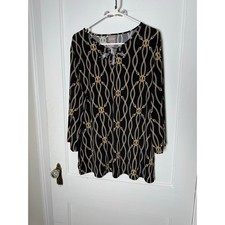 Chico’s Size 3 XL Black Gold Chain Print Tunic Top Quiet Luxury Equestrian picture