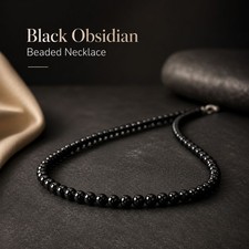 Natural Black Obsidian Beaded Necklace Men Women Gemstone Choker Round Beads picture