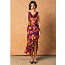 Dress Forum NWT Satin Midi Slip Dress Small Plum Purple Gold Floral Cowl Neck picture